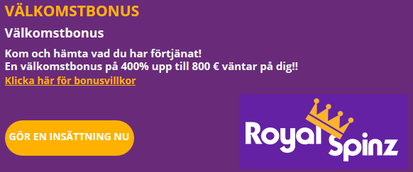 RoyalSpinz Välkomstbonus 400% upp till 800 €