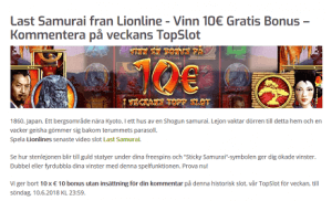 Lapalingo Vinn 10 € Gratis Bonus KOmmentera Last Samuari från Lionline Veckans TopSlot