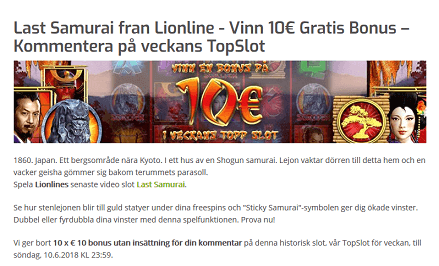 Lapalingo Vinn 10 € Gratis Bonus KOmmentera Last Samuari från Lionline Veckans TopSlot