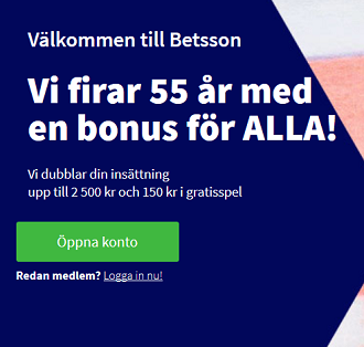 Hämta 2500 kr bonuspengar och 150 kr gratisspel för att fira Betsson 55 år!