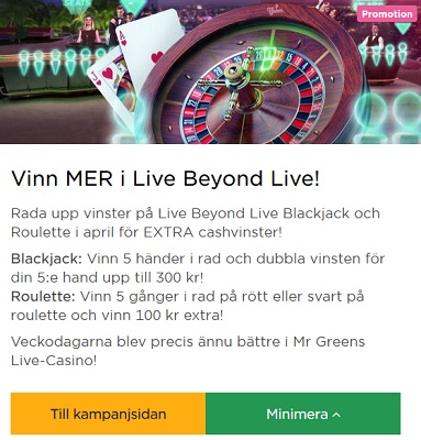 Vinn upp till 300 kr och 100 kr extra på Live Blackjack & Roulette hos Mr Green!