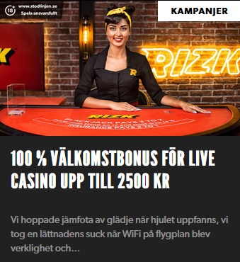 Hämta 100 % bonus upp till 2500 kr på live casino på Rizk!